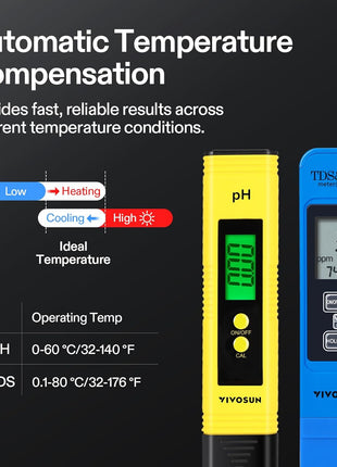 VIVOSUN Digital pH and TDS Meter Kits, 0.01pH High Accuracy Pen Type pH Meter ± 2% Readout Accuracy 3-in-1 TDS EC Temperature Meter for Hydroponics, Pool and Aquarium, Yellow Blue, UL Certified