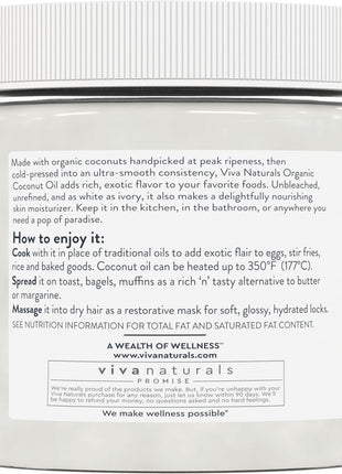 Viva Naturals Organic Coconut Oil, 16 fl oz – Unrefined, Cold-Pressed Extra Virgin Coconut Oil, USDA Organic & Non-GMO, Natural Cooking Oil, Hair Oil & Skin Oil