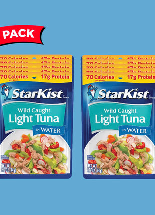 StarKist Chunk Light Tuna in Water, 2.6 oz Pouch (10 Pack) Ready to Eat Wild Caught Tuna, 17g Protein, 70 Calories Per Serving, Gluten Free, Soy Free, Kosher, Perfect for Salads, Keto Meals and Snacks