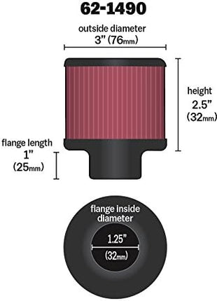 K&N Vent Air Filter/Breather: High Performance, Premium, Washable, Replacement Engine Filter: Filter Height: 2.5 in, Flange Length: 1 in, Shape: Breather, 62-1490