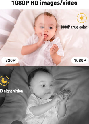 Simyke Video Baby Monitor with App and Screen 1080P Camera, Cry Detection, Lullabies, Two Way Talk, Night Vision, Face Detection, Wall Mount, Connect Smart Watch, Temperature Monitoring, Gift for Baby