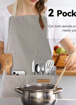 NLUS 2 Pack Kitchen Cooking Aprons, Adjustable Bib Soft Chef Apron with 2 Pockets for Men Women(Black/Brown Stripes)