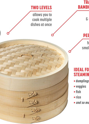 Joyce Chen 2-Tier Bamboo Steamer Baskets, 10-Inch