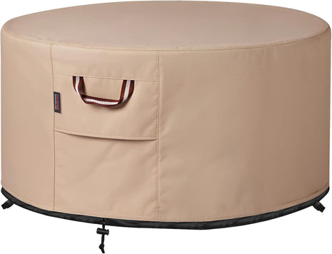 QH.HOME Fire Pit Cover Round-45-48 Inch Heavy Duty 900D Strong Tear-Resistant and UV Resistant and Waterproof and Fading Resistant Material Polyester Firepit Covers Round for Outdoor Fire Pit-Wheat