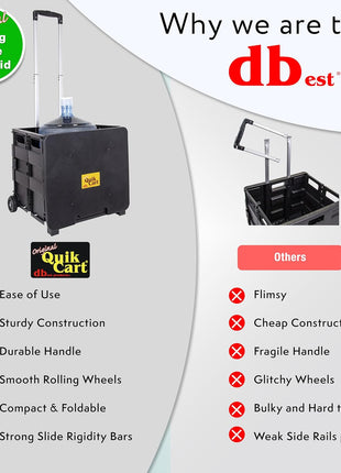 dbest products Quik Cart Collapsible Rolling Crate on Wheels for Teachers Tote Basket 80 lbs Capacity, Made from Heavy Duty Plastic Used as a Seat, Black
