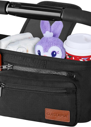 Guiseapue Universal Stroller Organizer with Cup Holder: Baby Essentials, Stroller Caddy Accessories with Detachable Phone Bag, Non-Slip Straps, Fits for Uppababy, Baby Jogger, New Moms Baby Gifts