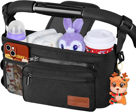 Guiseapue Universal Stroller Organizer with Cup Holder: Baby Essentials, Stroller Caddy Accessories with Detachable Phone Bag, Non-Slip Straps, Fits for Uppababy, Baby Jogger, New Moms Baby Gifts