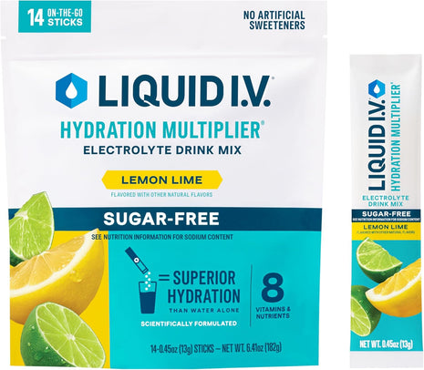 Liquid I.V. Sugar Free Hydration Electrolytes, Lemon Lime, 14 Count | Scientifically Formulated | Clinically Proven Hydration | Zero Sugar | No Artificial Sweeteners | Non-GMO | Powder Drink Mix
