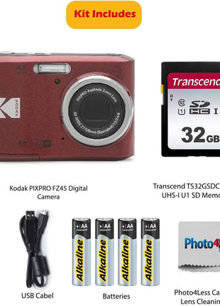 KODAK PIXPRO FZ45 16MP Digital Camera with 4X Optical Zoom 27mm Wide Angle and 2.7" LCD Screen Bundle with 32GB SD Memory Card, AA Batteries (4 Pack), Lens Cleaning Cloth (Red)