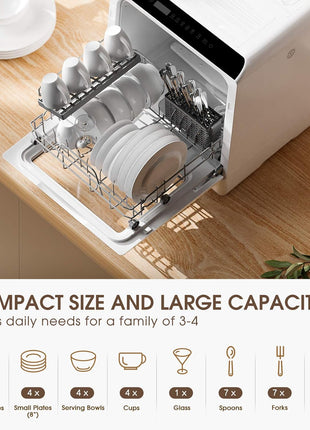 NOVETE Portable Countertop Dishwashers, Compact Dishwashers with 5L Built-in Water Tank & Inlet Hose, 5 Washing Programs, Baby Care, Air-Dry Function and LED Light for Small Apartments