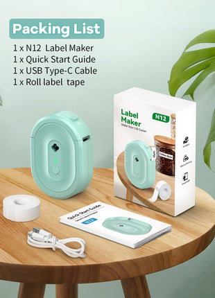 Label Maker Machine with Tape, N12 Portable Bluetooth Label Printer, Wireless Mini Label Makers Thermal Sticker with Multiple Templates for Home, Kitchen, School, Office Organization, Green
