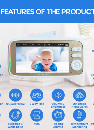 Smart Baby Monitor, 5inch HD IPS Screen, 1500ft Long Range, 48 Hours Battery, White Noises & Lullabies, 2K HD Camera, Customizable Safe Zones, Motion Detection, VOX, Free Secure Phone App