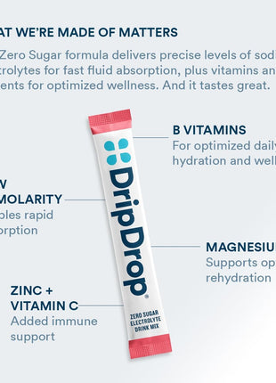 DripDrop Sugar Free Hydration Packets   Zero Classic Variety Pack   Single Serve Electrolytes Powder Drink Mix   Lemon Lime, Watermelon, Peach, Passion Fruit   Non GMO, Gluten Free, Vegan   32 Sticks