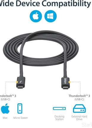 StarTech.com 2m (6.6ft) Passive Thunderbolt 3 Cable, 20Gbps, 100W PD, 4K Video, Thunderbolt Cable, Compatible with USB4/DP Alt Mode, Thunderbolt 4, USB 3.2/Type-C (TBLT3MM2M)