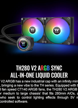 Thermaltake TH280 V2 ARGB Sync/AlO Liquid Cooler/Fan 140mm*2/PWM 500~1800 RPM/Mirror Waterblock/MB ARGB Sync Control/White, CL-W377-PL14SW-A