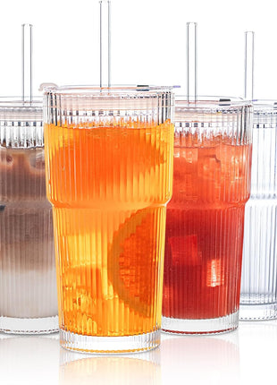 INSETLAN 20 oz Ribbed Glass Tumblers with Lids and Glass Straws – 4-Piece Glassware Set, Thickened Wall, Ideal for Iced Coffee, Smoothies, Cocktails, and Juices – Elegant and Durable Drinkware