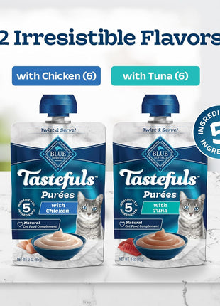Blue Buffalo Tastefuls Purées Variety Pack, Natural Cat Food Complement, Resealable Twist Cap Pouches, Chicken and Tuna, 3-oz (Pack of 24), 12 of Each Flavor