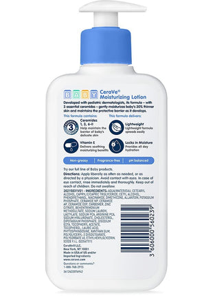 CeraVe Baby Lotion, Baby Skin Moisturizer with Vitamin E & Niacinamide, 8oz | Gently Hydrates Delicate Skin with A Non-Greasy Feel, Free Of Fragrance, Dyes, Paraben & Phthalates