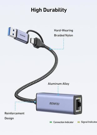 BENFEI USB 3.0 to Ethernet Adapter, USB C to RJ45 Gigabit LAN (1000Mbps) Network Adapter, Compatible with MacBook/Pro/Air, Surface Pro, Windows 11/10/8/7, Mac OS [Aluminium Shell&Nylon Cable]