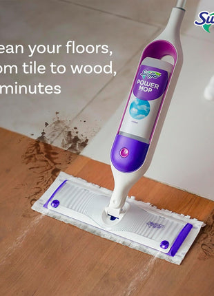 Swiffer PowerMop Mopping Kit for Floor Cleaning, Set Includes 1 Power Mop, 2 Replacement Pads, 1 Liquid Solution Refill, 2 Batteries, No Bucket Needed Electric Spray Cleaner, Multi-Surface and Wood