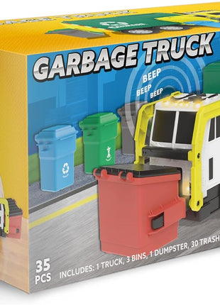 JOYIN Large Friction Powered Garbage Truck Toy Set, Includes 1 Dumpster, 3 Trash Bins, and 30 Learning Cards for Kids, Boy Toys Birthday Gift, Green