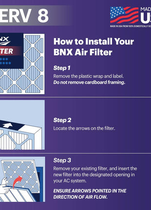 BNX TruFilter 20x25x1 Air Filter MERV 8 (6-Pack) - MADE IN USA – Dust & Pet Defense Electrostatic Pleated Air Conditioner HVAC AC Furnace Filters for Dust, Pet, Mold, Pollen MPR 600 – 700 & FPR 5