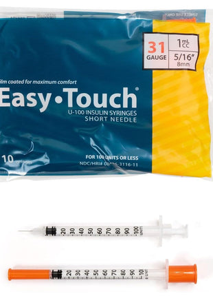 Easy Touch U-100 Insulin Syringe with Needle, 31G 1cc 5/16-Inch (8mm), Box of 100
