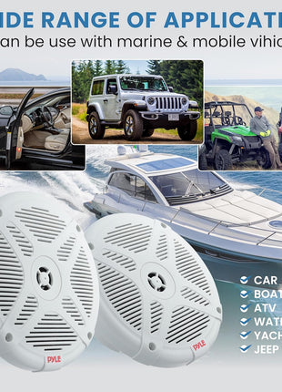 Pyle 6.5 Inch Marine Speakers (Pair) - 2-way IP-X4 Waterproof and Weather Resistant Outdoor Audio Dual Stereo Sound System with 600 Watt Power and Low Profile Design - Pyle PLMR652W (White)