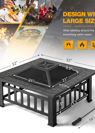 Devoko Outdoor Fire Pit, 32 Inch Firepit Table Metal Outdoor Fireplaces with Waterproof Cover for Outside Patio Camping (Black)