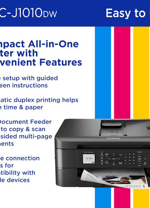 Brother MFC-J1010DW Wireless Color Inkjet All-in-One Printer, Duplex Printing, Mobile & Cloud Print, Compact Design, 1.8" Color Display, Works with Alexa | Automatic duplex printing, Cloud integration