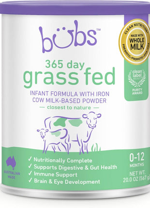 Bubs 365 Day Grass Fed Infant Formula with Iron, Cow Milk-Based Powder for Infants 0-12 Months, Made with Non-GMO Milk, 20 oz