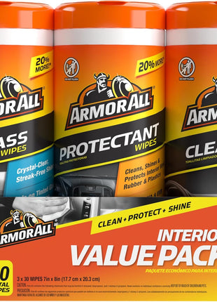 Car Wipes Multi-Pack by Armor All, Cleans Vehicle Interior and Exterior, Includes Armor All Protectant Wipes, Glass Wipes, and Cleaning Wipes, 3-Pack, 30 Car Wipes Each