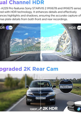 VIOFO A229 Pro 4K HDR Dash Cam, Dual STARVIS 2 IMX678 IMX675, 4K+2K Front and Rear Car Camera, 2 Channel with HDR, Voice Control, 5GHz WiFi GPS, Night Vision 2.0, 24H Parking Mode