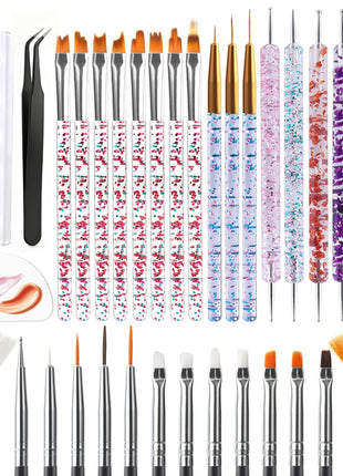 Artdone 31pcs Nail Art Brushes, Nail Art Tool Set, Dotting Tools, Dust Brush,Striping Brushes for Long Lines, Drawing Pen For Gel Polish Design supply