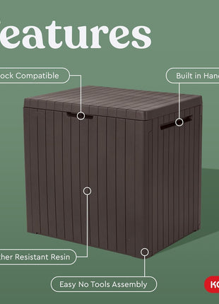Keter City 30 Gallon Resin Outdoor Storage Box and Patio Furniture Side Table for Pool and Garden Accessories, Brown