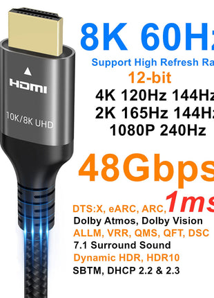 Ubluker 10K 8K 4K HDMI Cable 48Gbps 6.6 FT, Certified Ultra High Speed HDMI庐 Cable 4K 240Hz 144Hz 120Hz 8K60Hz 0.01ms HDR10+ eARC HDCP2.3 Netflix Roku TV PC Monitor Projector PS5 Xbox
