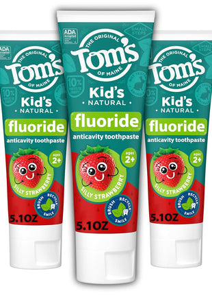 Tom's of Maine ADA Approved Fluoride Kids Toothpaste, Natural Toothpaste, Dye Free, No Artificial Preservatives, Silly Strawberry, 5.1 oz. 3 Pack (Packaging May Vary)
