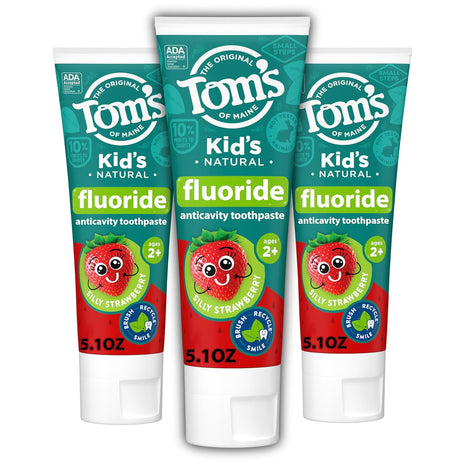 Tom's of Maine ADA Approved Fluoride Kids Toothpaste, Natural Toothpaste, Dye Free, No Artificial Preservatives, Silly Strawberry, 5.1 oz. 3 Pack (Packaging May Vary)