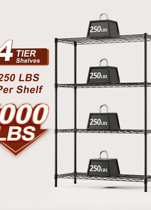 BestOffice | 4-Tier Wire Storage Shelves | 36x14x54 | Black | with Adjustable Racks | Heavy-Duty Metal Shelf, Holds Upto 1000 lbs | No-Tool Assembly | Ideal for Home & Garage Shelving