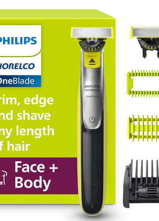 Philips Norelco OneBlade 360 Hybrid Face + Body Trimmer and Shaver | 360 Blade Technology, 100% Showerproof, Stainless Steel Blade Lasts up to 4 months, Body Kit, 60-Min Runtime, QP2834/70
