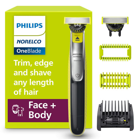 Philips Norelco OneBlade 360 Hybrid Face + Body Trimmer and Shaver | 360 Blade Technology, 100% Showerproof, Stainless Steel Blade Lasts up to 4 months, Body Kit, 60-Min Runtime, QP2834/70