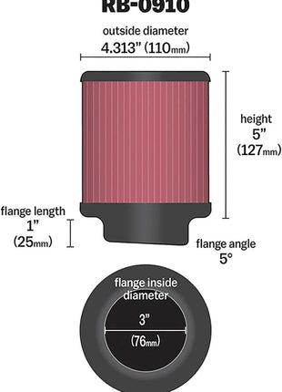 K&N High-Flow Original Lifetime Universal Clamp-On Air Filter: High Performance, Premium, Washable: Flange Diameter: 3 In, Filter Height: 5 In, Flange Length: 1 In, Shape: Round, RB-0910