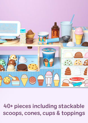 Melissa & Doug Cool Scoops Ice Creamery, Wooden Ice Cream Shop & Counter with Play Food & Play Kitchen Accessories, Preschool Learning Toys for Girls & Boys 3+ - FSC Certified