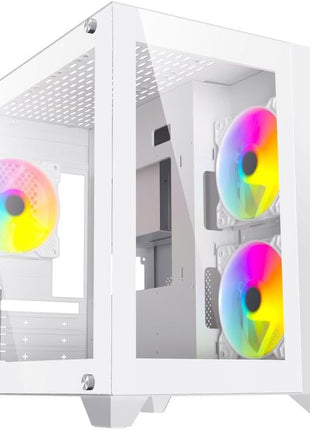 DIYPC ARGB-Q3.R2-W White USB3.0 / Type C Tempered Glass Micro ATX Gaming Computer Case w/Dual Tempered Glass Panel and 3 x ARGB Fans (Pre-Installed)