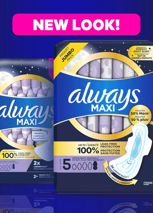 Always Maxi Overnight Pads with Wings for Women, Size 5, Extra Heavy Overnight Absorbency, Unscented, 36 Count