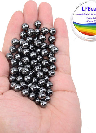 LPBeads 100PCS 8mm Natural Hematite Beads Gemstone Round Loose Beads for Jewelry Making with Crystal Stretch Cord