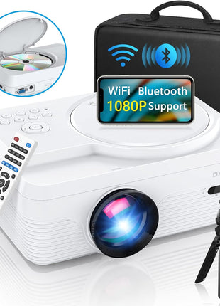 Full HD WiFi Bluetooth Projector Built in DVD Player, 12000LM 1080P Supported, Portable Mini DVD Projector for Outdoor Movies, 250" Home Theater, Compatible with iOS/Android/TV Stick/PS4/HDMI/USB/TF