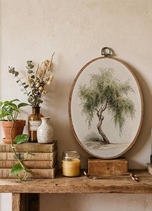 S GDNAMR Vintage Weeping Willow Tree Oval Wall Art Decor, Nature Room Decor, Watercolor Country Rustic Botanical Wall Canvas Prints Pictures Posters for Home Bedroom Living Room, 8.6x11.4 Inches