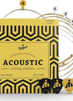 BELFORT® quality acoustic guitar strings - 6 string set - Premium coating with Phosphor Bronze (guitar strings acoustic 6 string set) BONUS: 4 Picks + 1 High E String - cuerdas para guitarra acustica