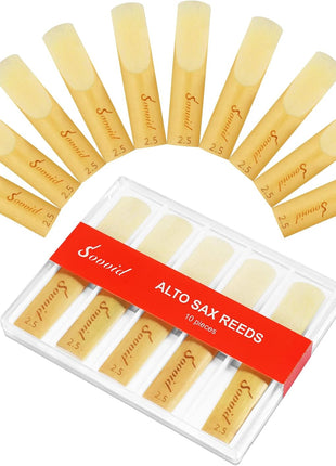 Sovvid 10 Pack Professional Alto Saxophone Reeds with Plastic Box, Strength 2.5 Alto Sax Reeds, Laser Engraved Marking & Thinner Reed Tip for Easy of Play, Traditional Reeds for Saxophone Alto